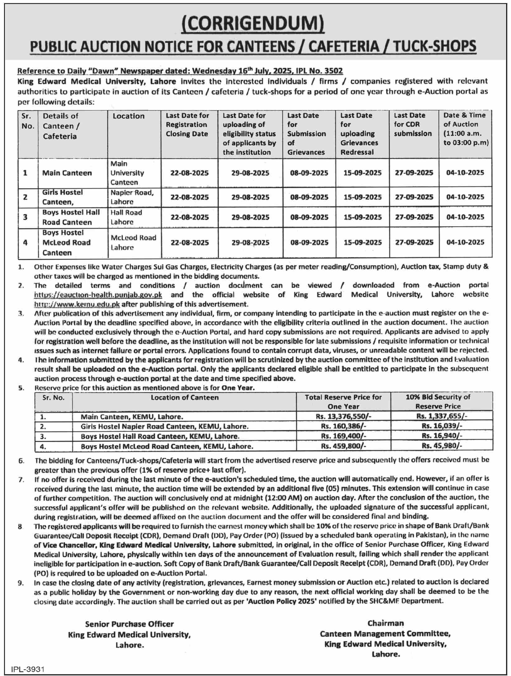 King Edward Medical University Lahore Tender Notice